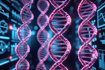 Digital DNA strands, scientific background, neon glow