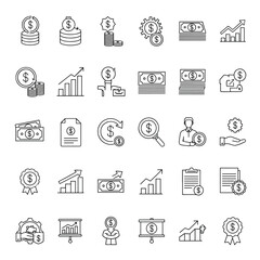 Finance icons set line art isolated on white background vector illustration. 