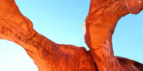 View below Double Arch of Arches National Park in Utah