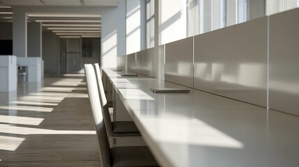 Obraz premium Clean, modern office space with long row of desks and chairs
