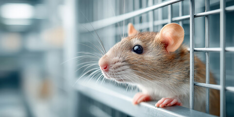 A close-up of a brown and white rat peeking through the bars of a metal cage in a softly lit environment.