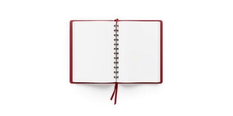 Open blank notebook with red cover and spiral binding offers a space for new ideas on a pure white background