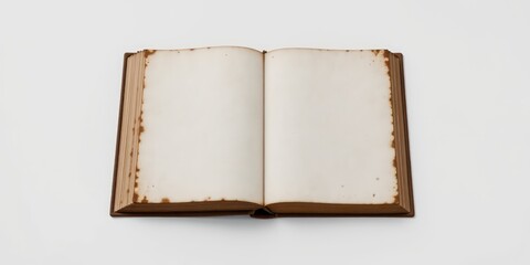 An aged book with blank, yellowish pages rests on a simple white backdrop, ready to hold stories and knowledge