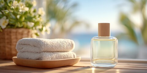 A clear glass perfume bottle with a wooden cap sits beside neatly folded towels on a wooden surface, with soft-focus greenery and ocean in the background.