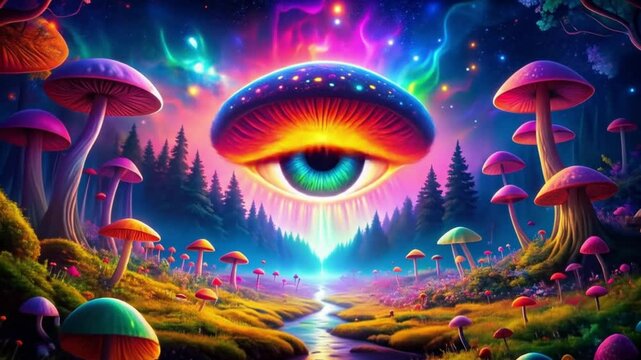 Psychedelic mushroom forest with an all-seeing eye floating above a stream, stars, and colorful nebula creating a surreal fantasy landscape.