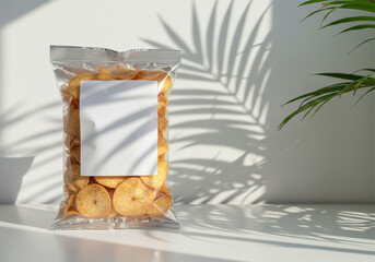 Crispy snacks in transparent bag with shadow