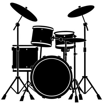 Black and white silhouette of a drum kit