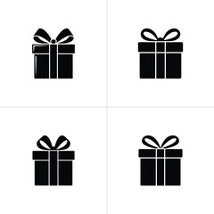 Black Gift Box Icons with Ribbon Bows Displayed in a Square Grid Pattern