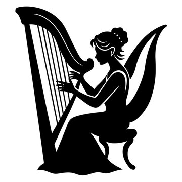 black silhouette woman playing harp clip art preview