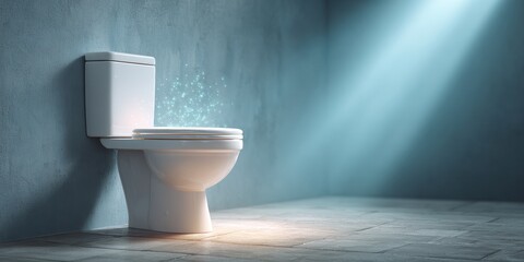 UV Lit Modern Bathroom Showing Toilet Surface with Glowing Germs and Bacteria Particles