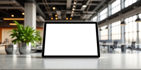 Tablet with Blank Screen on Desk in Modern Office Setting Ready for Content Integration and Digital Workspace Solutions