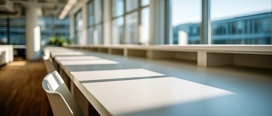 Sunny white office desk in front of large windows, light shadows