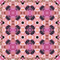 Seamless kaleidoscope floral pattern symmetrical arrangement of pink and peach roses with dark accents, creating a mesmerizing and romantic design for fabric, wallpaper, and backgrounds