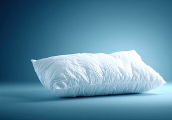 Soft, fluffy white pillow resting on a blue surface with gentle lighting