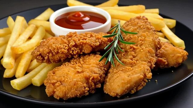 Crispy fried chicken tenders recipe with french fries and ketchup on a black plate delicious food