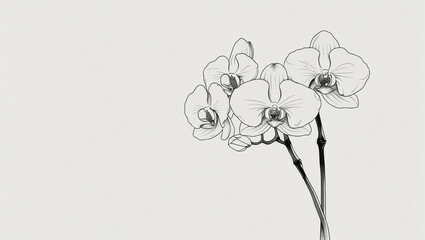 A delicate monochrome drawing of orchids with stems on a light background in the right corner