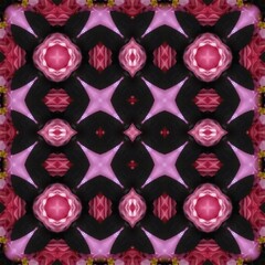 Seamless kaleidoscope floral pattern symmetrical arrangement of pink roses and dark leaves creates a mesmerizing, repeating design for fabric, wallpaper, and backgrounds