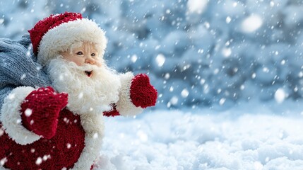 Child dressed as Santa Claus in snowy forest