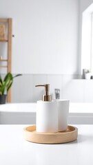 Fototapeta premium A pristine white bathroom sink featuring a sleek design, accompanied by an elegant soap dispenser, creating a clean and inviting atmosphere.