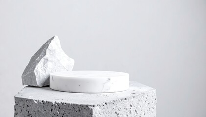 A pristine white bowl rests elegantly atop rugged concrete blocks, showcasing a striking contrast between the smooth ceramic and the rough, industrial texture.