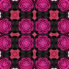 Seamless kaleidoscope floral pattern symmetrical arrangement of vibrant magenta roses and dark foliage, creating an intricate and captivating design for fabric, wallpaper, and backgrounds