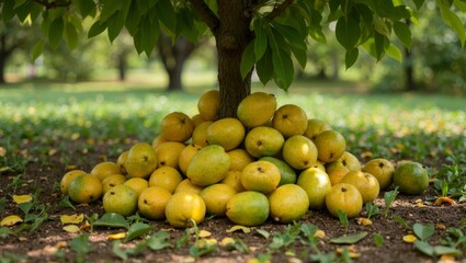 Mango tree with ripe yellowish green mangoes in sunlit orchard