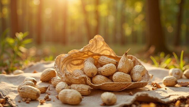 Whole unshelled peanuts on cloth in sunlit forest with tree backdrop