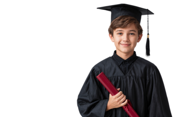 Smiling young student in graduation cap and gown holding diploma. Isolated on transparent background. Concept of achievement, education, and academic success