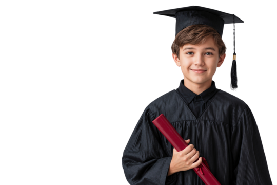 Smiling young student in graduation cap and gown holding diploma. Isolated on transparent background. Concept of achievement, education, and academic success