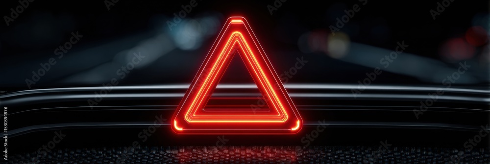 Poster Red Warning Triangle Displayed on Digital Dashboard Indicating Potential Vehicle Issue or Alert During Nighttime Driving