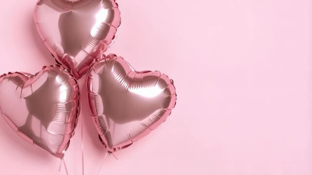 Three rose gold heart-shaped balloons floating against a light pink wall, creating a festive and romantic atmosphere.