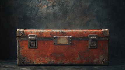 A vintage, weathered, red metal suitcase with brass hardware sits on a dark, textured backdrop. Its surface shows signs of age and wear, with rust and scratches