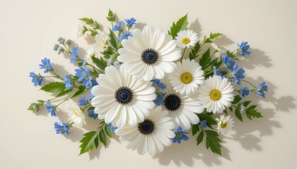Elegant array of daisies and forget-me-nots creates a harmonious composition in the bright light of a spring morning