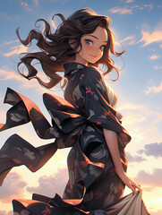 タイトル 日本画（Japanese painting）／美人画　美女　着物　anime　イラスト	