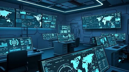 Futuristic security control room with world map displays and data analysis for global surveillance center - Powered by Adobe