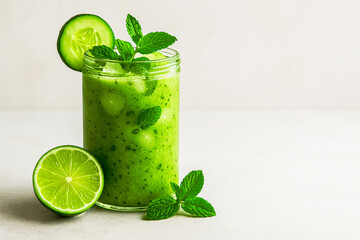 Fototapeta premium Refreshing Cucumber Mint Smoothie in a Mason Jar Glass Garnished with Fresh Lime, Cucumber Slices, and Mint Leaves on a Clean Neutral Surface – A Cool, Hydrating, and Detoxifying Summer Drink 