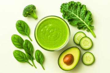 Obraz premium Green Smoothie Delight in a Clear Glass Surrounded by Fresh Raw Ingredients—Spinach, Kale, Broccoli, Cucumber, and Avocado—on a Clean White Background, Showcasing a Nutrient-Packed, Detoxifying Drink