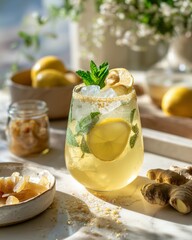 Refreshing lemon ginger drink garnished with mint.