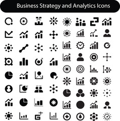 Business Strategy and Analytics Icons in Solid Black Style – Charts, Graphs, Users, Gears, and Network Symbols for Reports and Presentations