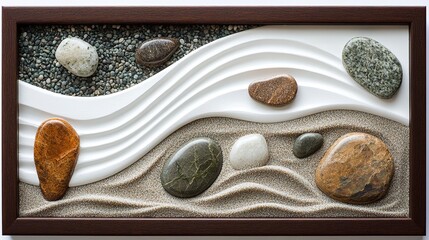 A framed rectangular artwork depicting a stylized zen garden with white textured waves flowing across a beige sand surface and scattered smooth stones in various colors and patterns