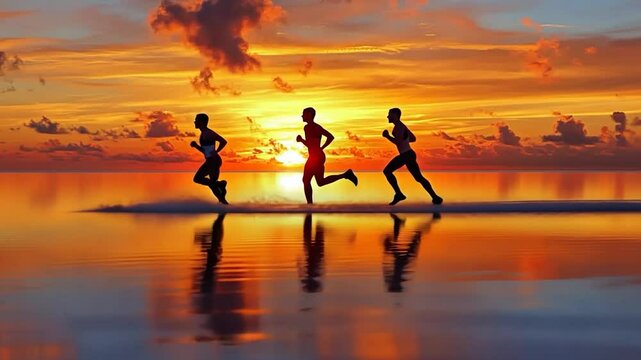 Dynamic Silhouettes: Runners Against a Vivid Sunset over Serene Water Scenery