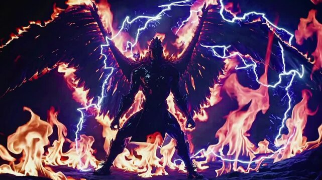 A silhouette of a figure with large wings stands amidst flames. The scene conveys a sense of power and intensity, evoking themes of fire and transformation.
