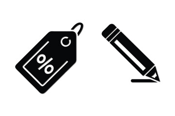Simple black and white discount tag and pencil icon.