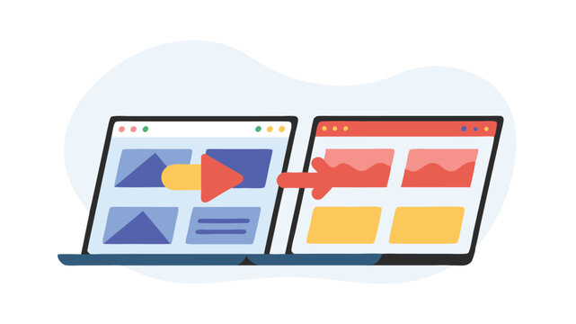 Two laptops displaying different content with an arrow indicating data transfer between them online now