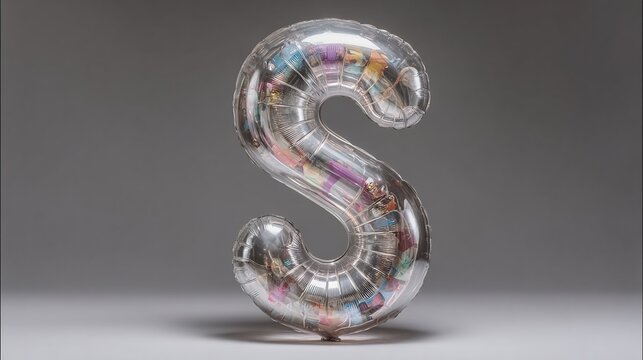 Metallic balloon letter s filled with colorful items.