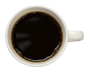 深みのある黒、シンプルマグカップの上から撮影したコーヒー写真