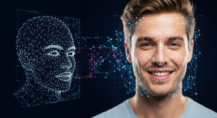 Smiling Man Portrait With Digital Facial Recognition Overlay On Dark Blue Background