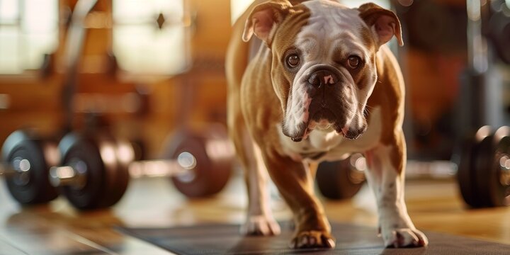 Bulldog working out in the gym promoting dog health care
