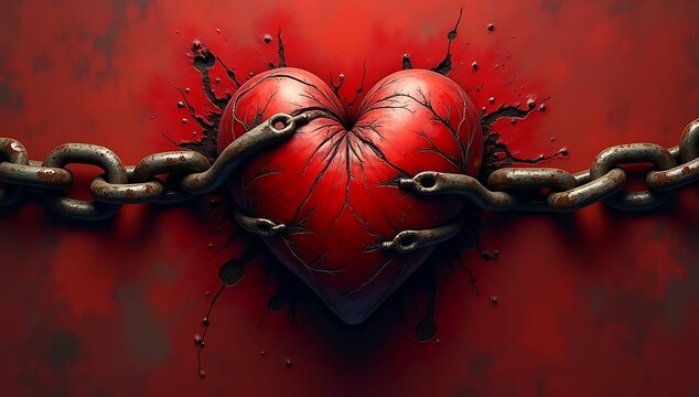Illustration of a heart wrapped tightly in chains on a textured red background. Represents emotional trauma, heartbreak, or suppressed feelings.
