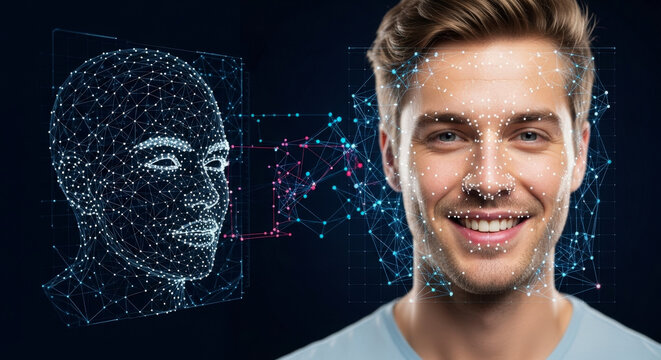 Smiling Man Portrait With Digital Facial Recognition Overlay On Dark Blue Background